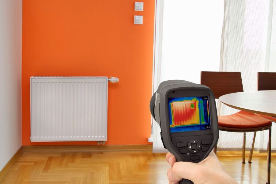 Thermal imaging camera detecting heat distribution on a radiator in a modern room, showcasing thermal imaging services Sunshine Coast by TMEC Services.