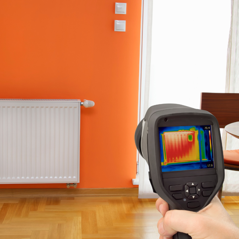 Thermal imaging camera detecting heat distribution on a radiator in a modern room, showcasing thermal imaging services Sunshine Coast by TMEC Services.