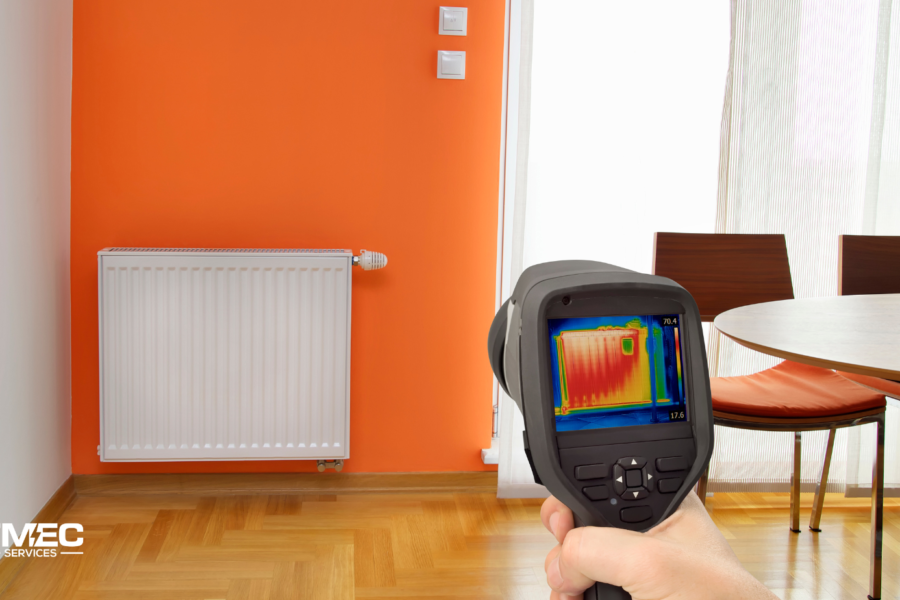 Thermal imaging camera detecting heat distribution on a radiator in a modern room, showcasing thermal imaging services Sunshine Coast by TMEC Services.