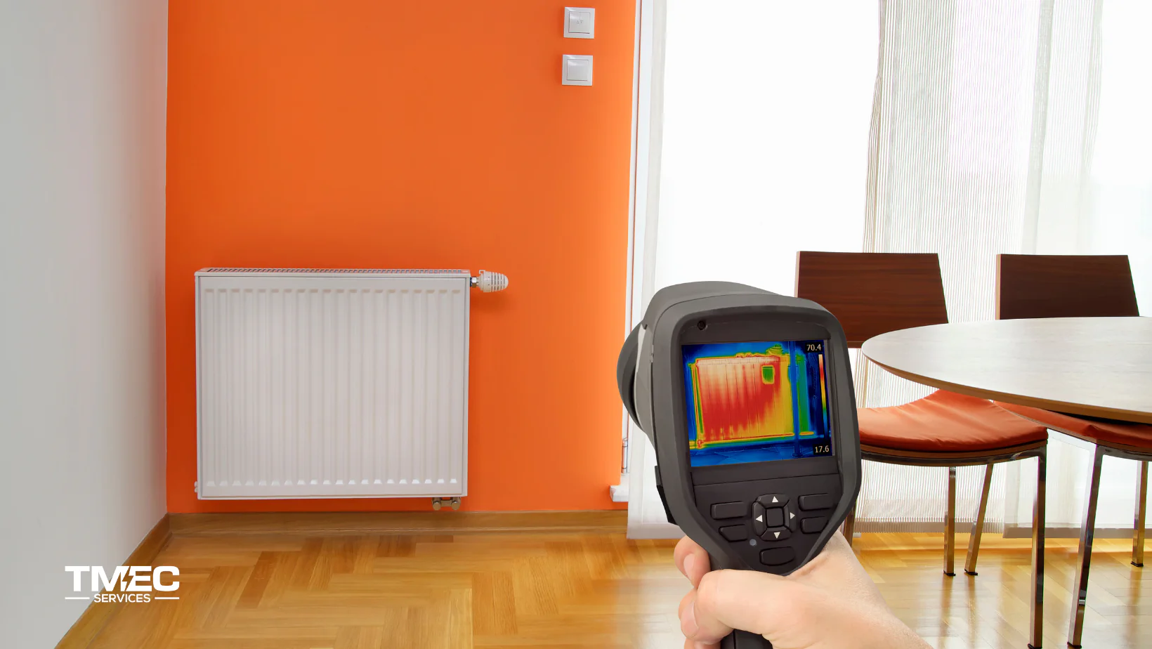 Thermal imaging camera detecting heat distribution on a radiator in a modern room, showcasing thermal imaging services Sunshine Coast by TMEC Services.