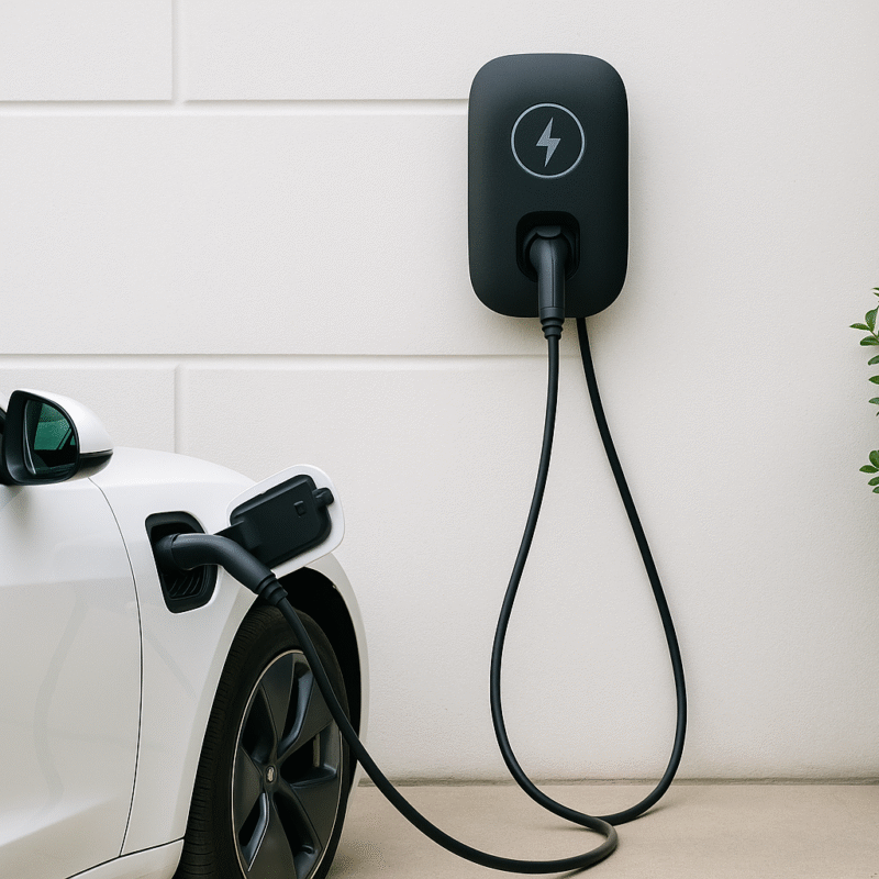 A white electric vehicle connected to a home wall charger, illustrating the real-life setup and cost to install an EV charger in Australia.