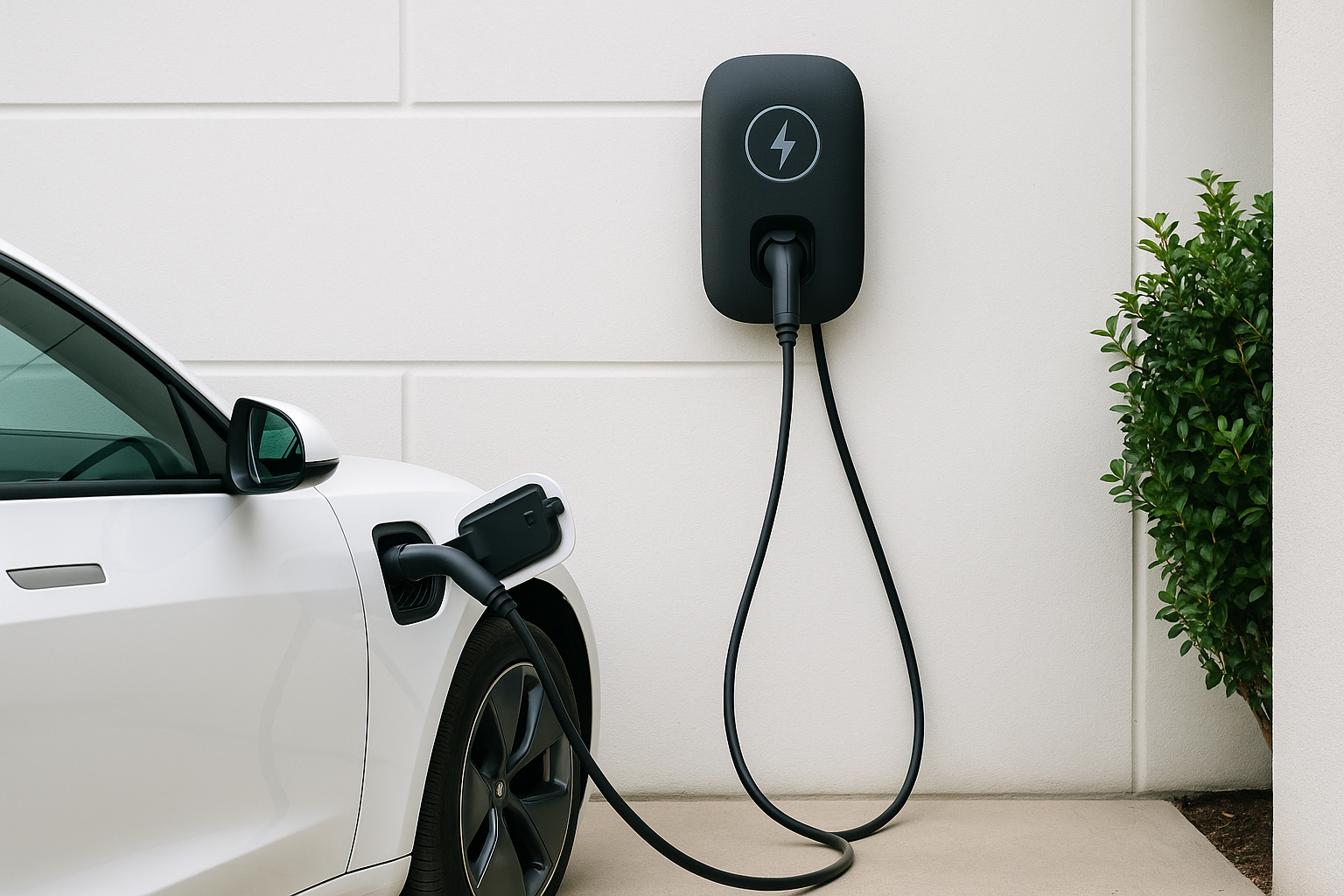 A white electric vehicle connected to a home wall charger, illustrating the real-life setup and cost to install an EV charger in Australia.