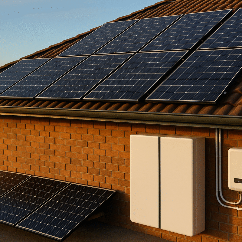 Modern Australian home with rooftop solar panels and a visible battery storage system, representing the cost of solar panel batteries in Australia in 2025.