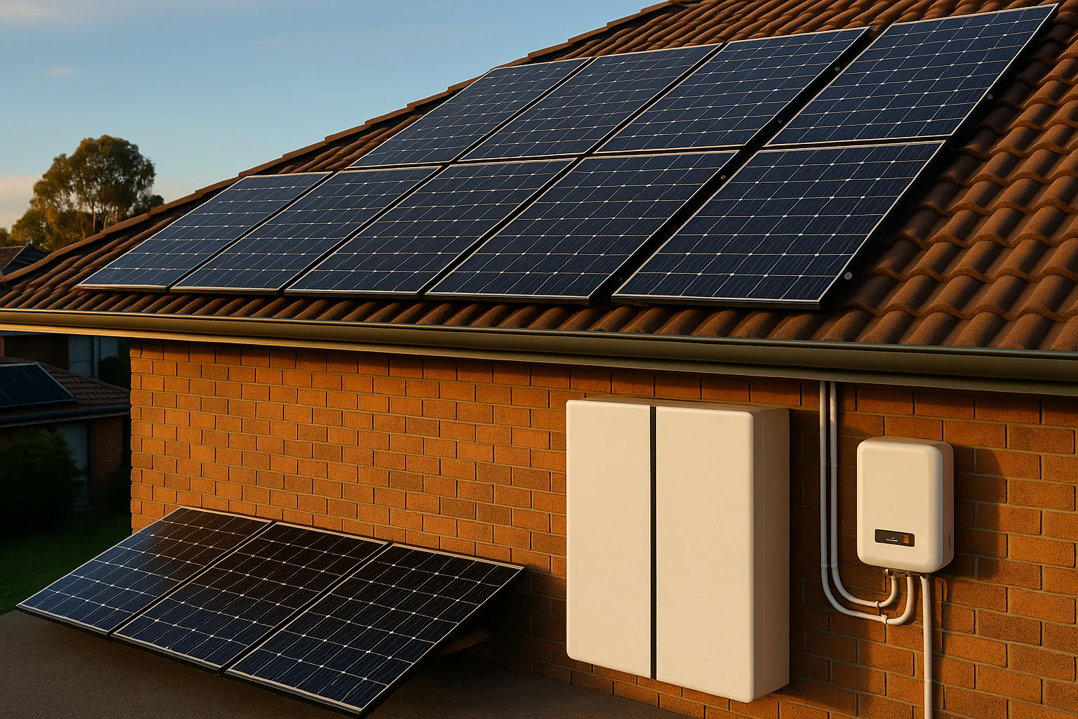 Modern Australian home with rooftop solar panels and a visible battery storage system, representing the cost of solar panel batteries in Australia in 2025.